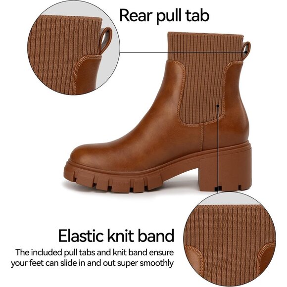 Women Tan Suede Low Wedge Heel Slip On Chunky Platform Chelsea Ankle Boots - Picture 4 of 6